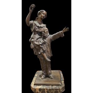 Art Deco Bronze Sculpture With A Brown Patina: Pierrot And A Young Woman