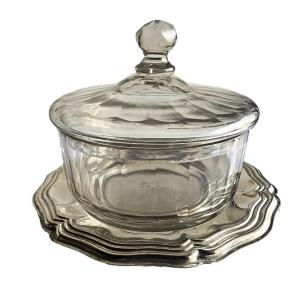 ancien drageoir en cristal soufflé et taillé avec soucoupe en métal argenté