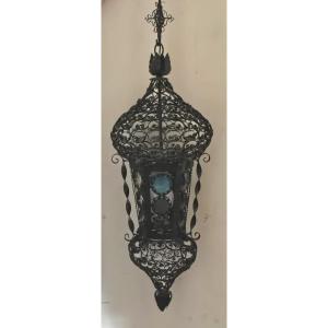 Antique Venetian Lantern In Moorish Style, Made Of Iron And Stained Glass