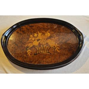 Antique Oval Inlaid Wood Tray, Italy, 1950s