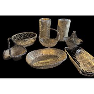 Lot Of 8 Antique Silver-plated Woven Metal Objects