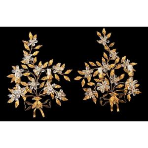 Paire d’appliques fer doré et fleurs en cristal Banci, Florence, seconde moitié du XXᵉ siècle