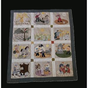 Antique Narrative Patchwork “le Pain Quotidien” – Hand‑executed Embroidery, Appliqué And Quilt