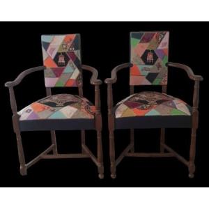 A Pair Of Antique Louis XIII-style Oak Armchairs, Upholstered In A Patchwork Of Antique Fabrics