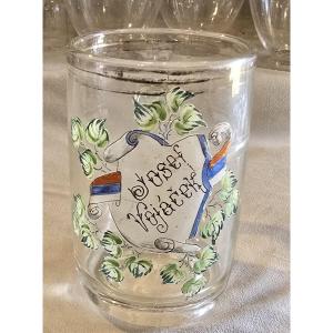 Ancienne chope à bière en verre peint à l’émail, avec inscription, fin XIX ème