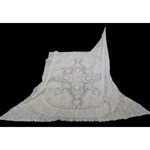 Antique Linen Bedspread, Hand-embroidered In The Sicilian "sfilato" Style, Early 1900s