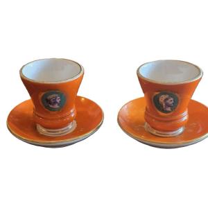 Pair Of Antique Brulot Cups In Porcelain, Decorated With Figurative Medallions. Italy, 19th Cen