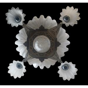 lustre Art Déco 9 lumières en bronze et verre moulé, France 1925-1930, restauré