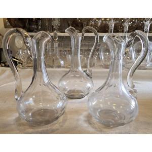 Set Of 3 Antique Blown And Cut Glass Pitchers