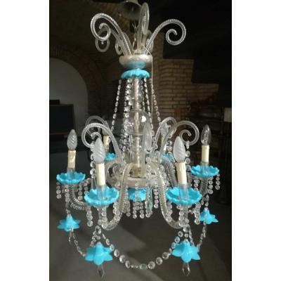 lustre ancien cristal bohème 6 lumières bobèches et fleurs opaline turquoise