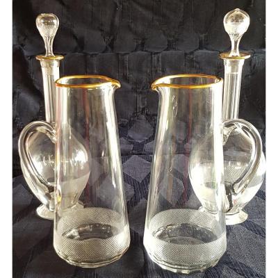 Lot 2 Carafes Et 2 Cruches Anciennes En Cristal Taillé 