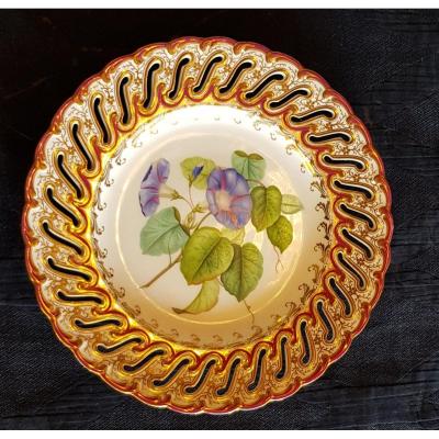 English Plate XIX S Openwork Faience And Hand Painted Botanical Decor Bindweed Flower