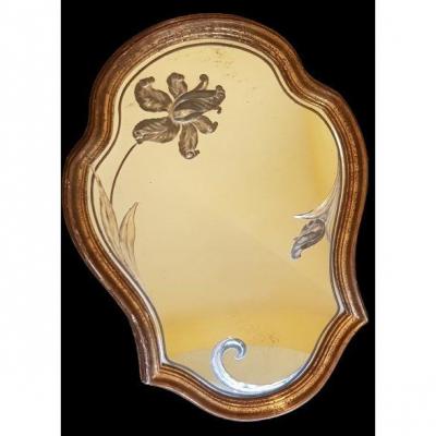  Glace Murale Miroir Gravé Style Art Nouveau Cadre Bois Doré 50x72 Cm