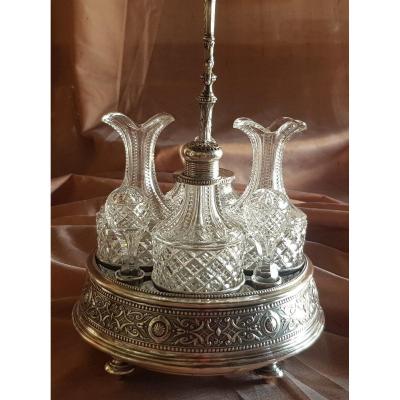 Antique Oil Cruet In Sterling Silver 4 Bottles In Cut Bohemian Crystal, Mitteleurope XIX S