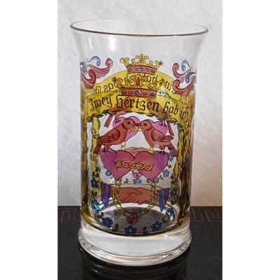 Ancien Verre De Fiançailles  Mariage Allemand Peint  émaux translucides