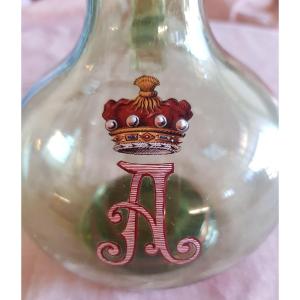 Small Antique Blown Glass Pitcher With Enamel Crown And Monogram