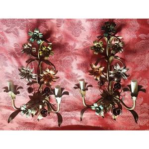 Pair Sconces In Tole Iron Flowers And Leaves Florentine Crafts