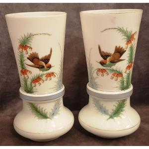 Pair Of Vases In Painted White Opaline XIXs H 31 Cm