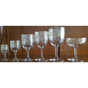 Service Verres 69 Pièces Cristal  Fil Or Gravé à l'Acide Dans  Le Gout Baccarat Modèle Récamier