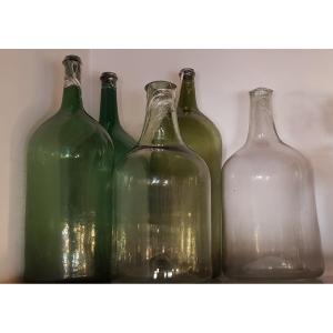 Lot Of 5 Large Old Bottles XIX S Blown Glass