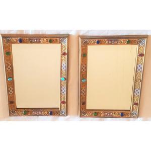 Pair Of Old 19th Century Frames In Brass And Enamels With Beveled Mirror 23x32 Cm