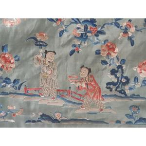 Runner Ancienne Broderie Chinoise Sur Soie 35 X 112 Cm