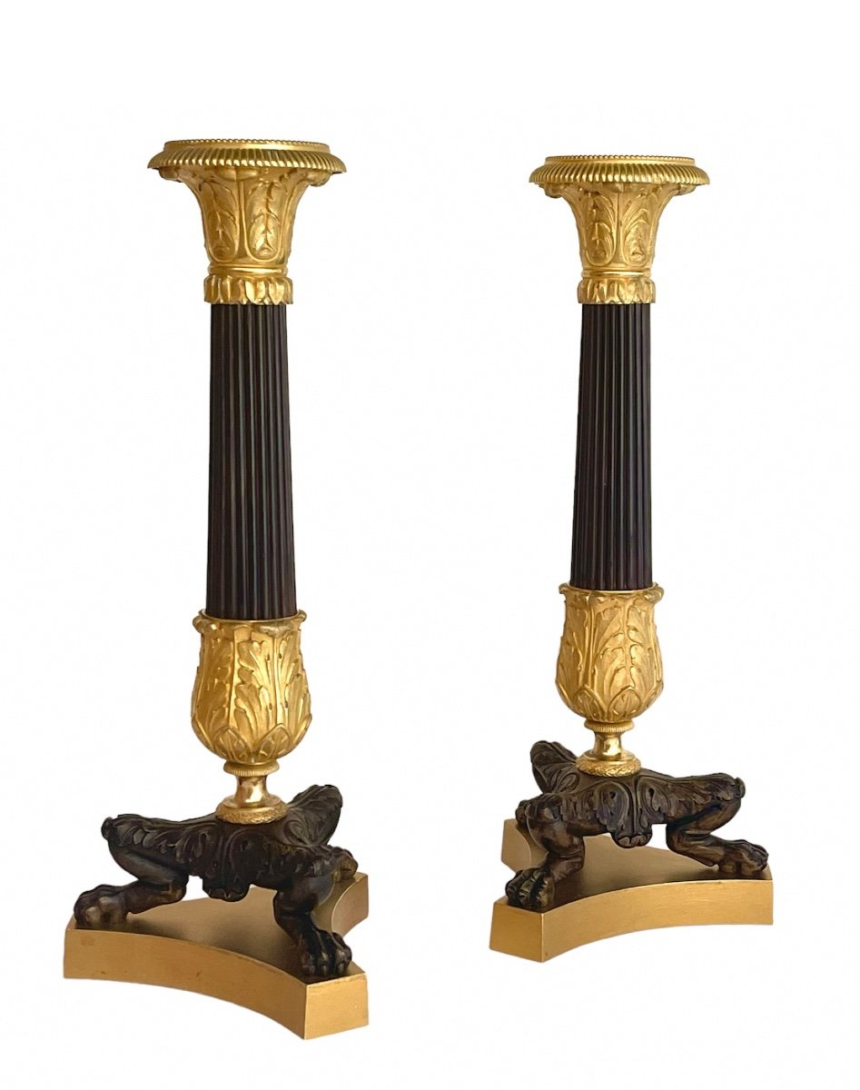 A Pair Of Charles X Gilt And Patinated Bronze Tripod Candlesticks. Circa 1830.-photo-2