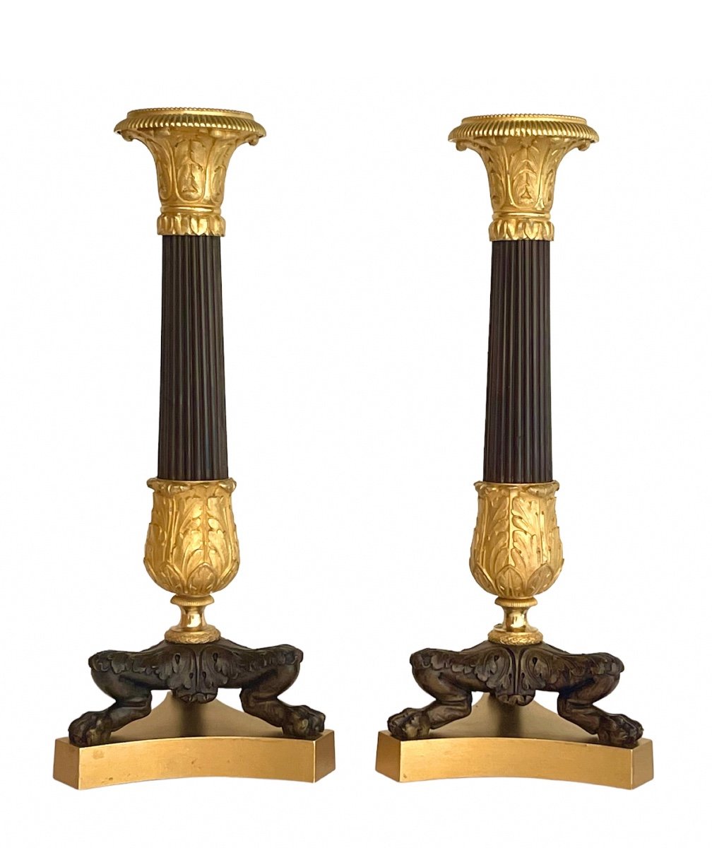 A Pair Of Charles X Gilt And Patinated Bronze Tripod Candlesticks. Circa 1830.-photo-3