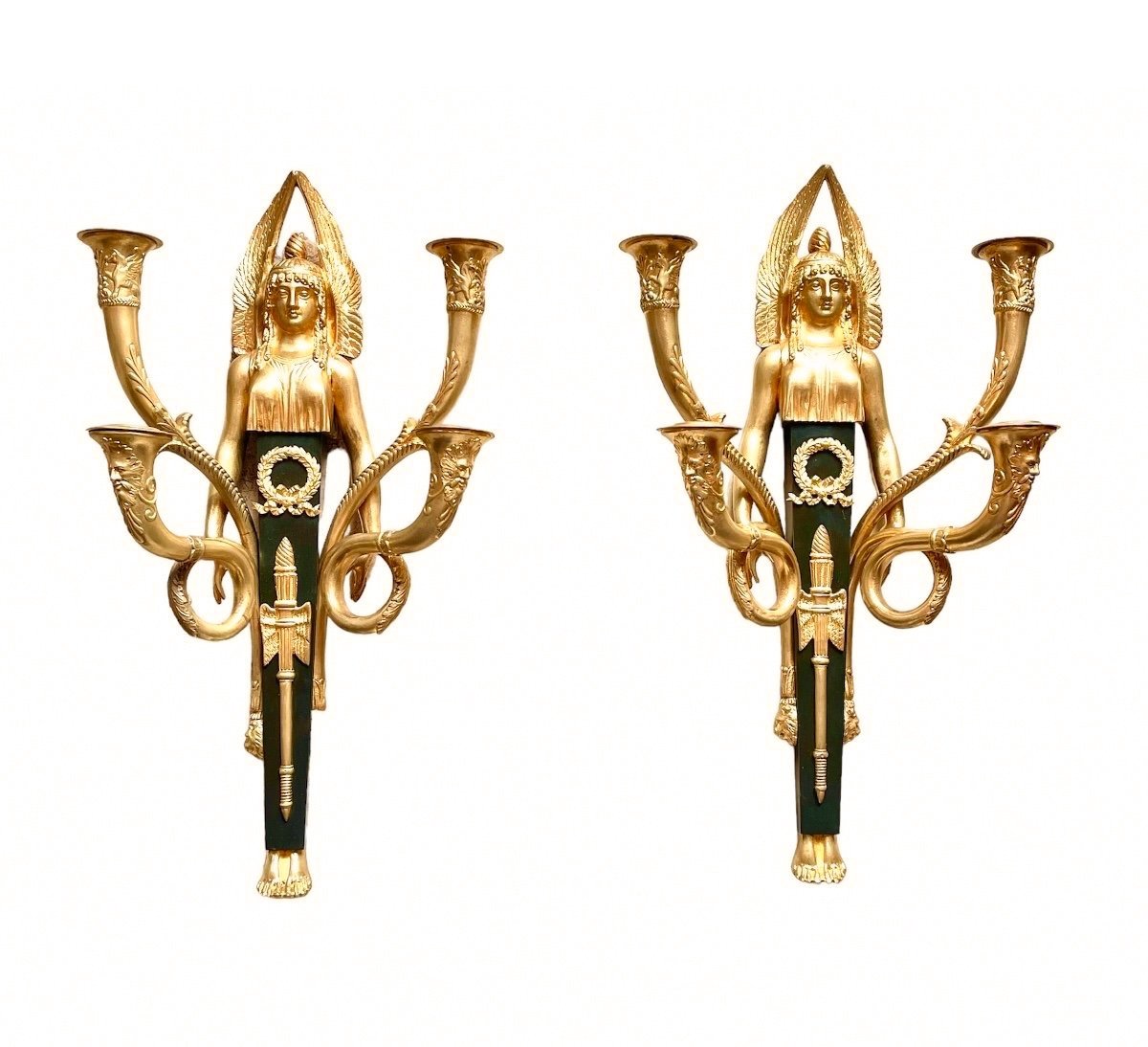 A Large Pair Of Empire Ormulu And Patinated Bronze Four-light Wall-lights. Early 19th Century. -photo-2
