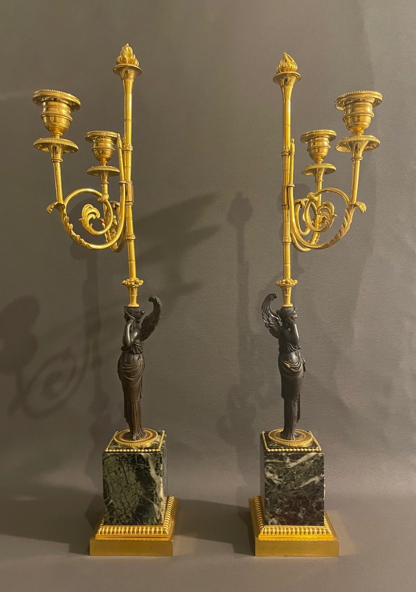 Paire De Candélabres Directoire En Bronze Patiné Et Doré. Fin Du XVIIIe Siècle. -photo-3