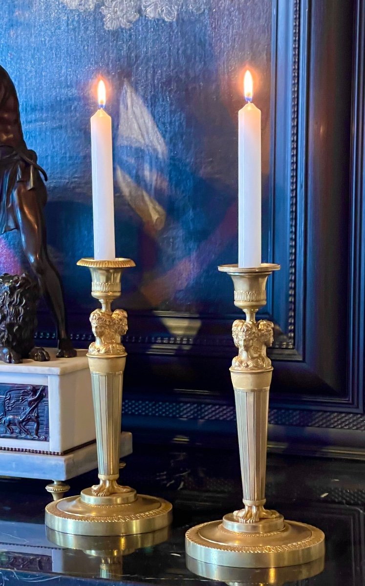 Paire De Flambeaux Empire En Bronze Doré, D’après Claude Galle. Début Du XIXe Siècle. -photo-1