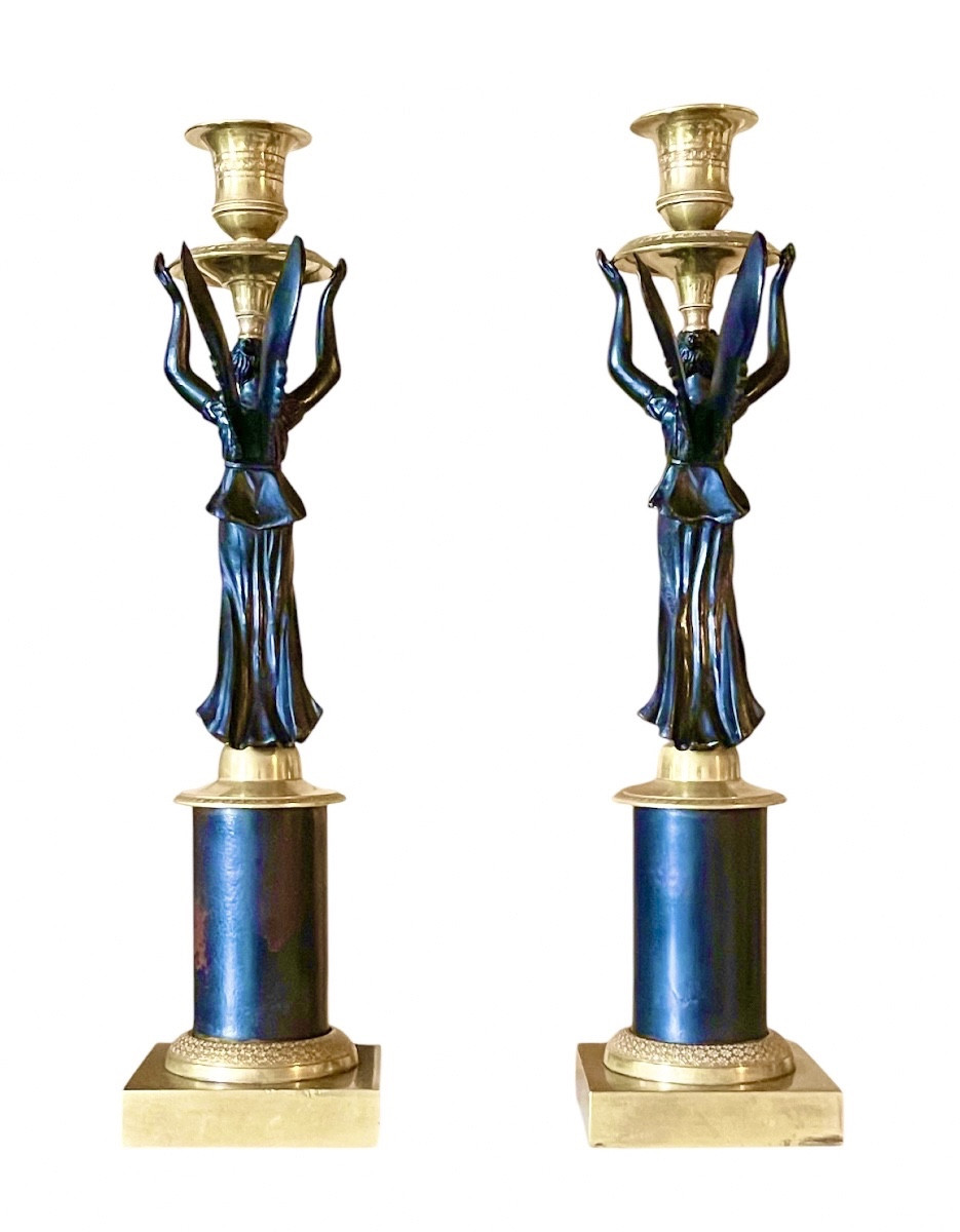 A Pair Of Empire Gilt-bronze And Patinated-bronze Candlesticks. Early 19th Century. -photo-3