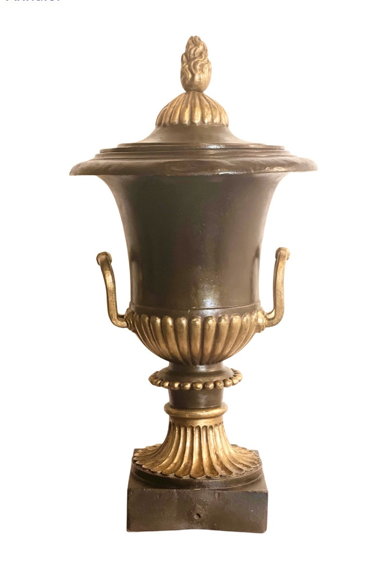 A Large Louis XVI  Lacquered And Gilt Lead Medici Vase. 