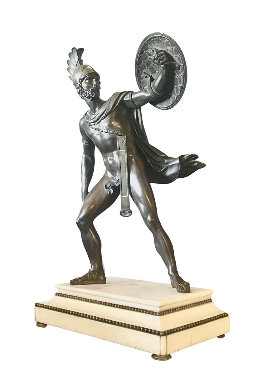 Grande sculpture en bronze patiné représentant Titus Tatius.  XIXe siècle. -photo-2