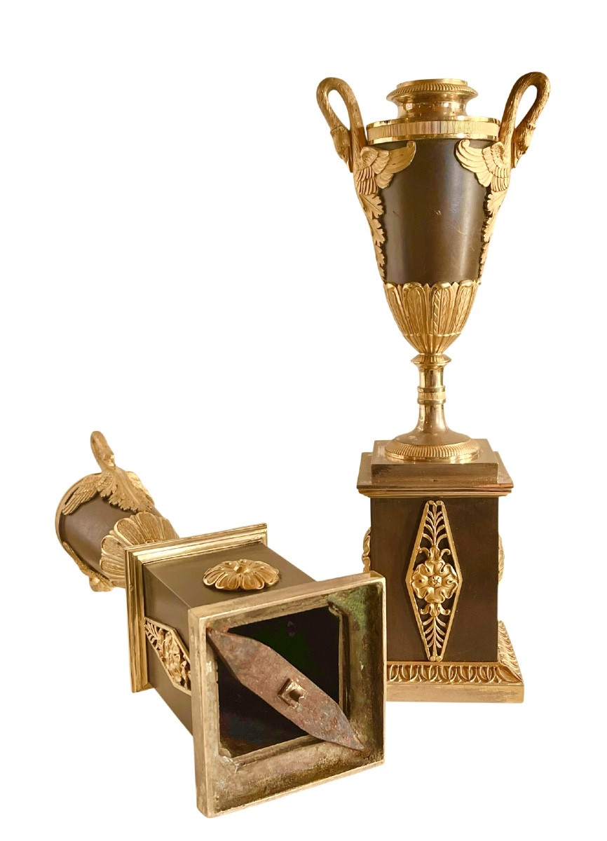 A Pair Of Empire Gilt-bronze And  Patinated-bronze Candlesticks. Early 19th Century. -photo-1