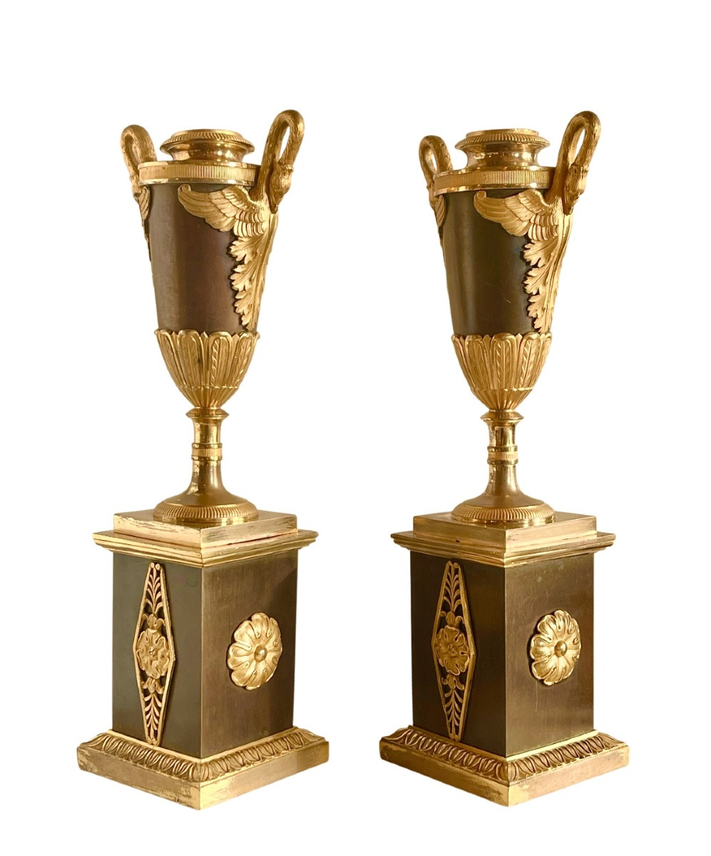 A Pair Of Empire Gilt-bronze And  Patinated-bronze Candlesticks. Early 19th Century. -photo-1