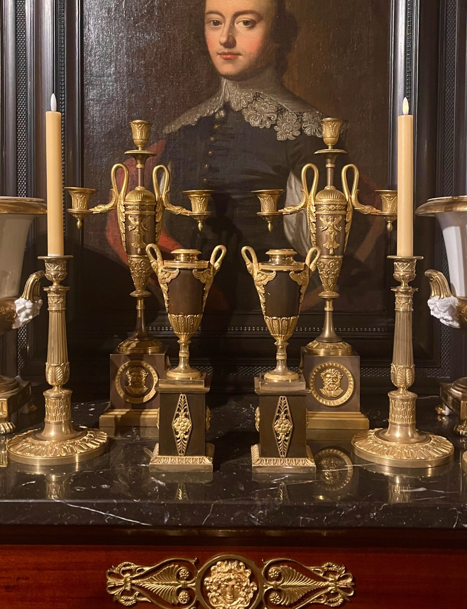 A Pair Of Empire Gilt-bronze And  Patinated-bronze Candlesticks. Early 19th Century. -photo-3