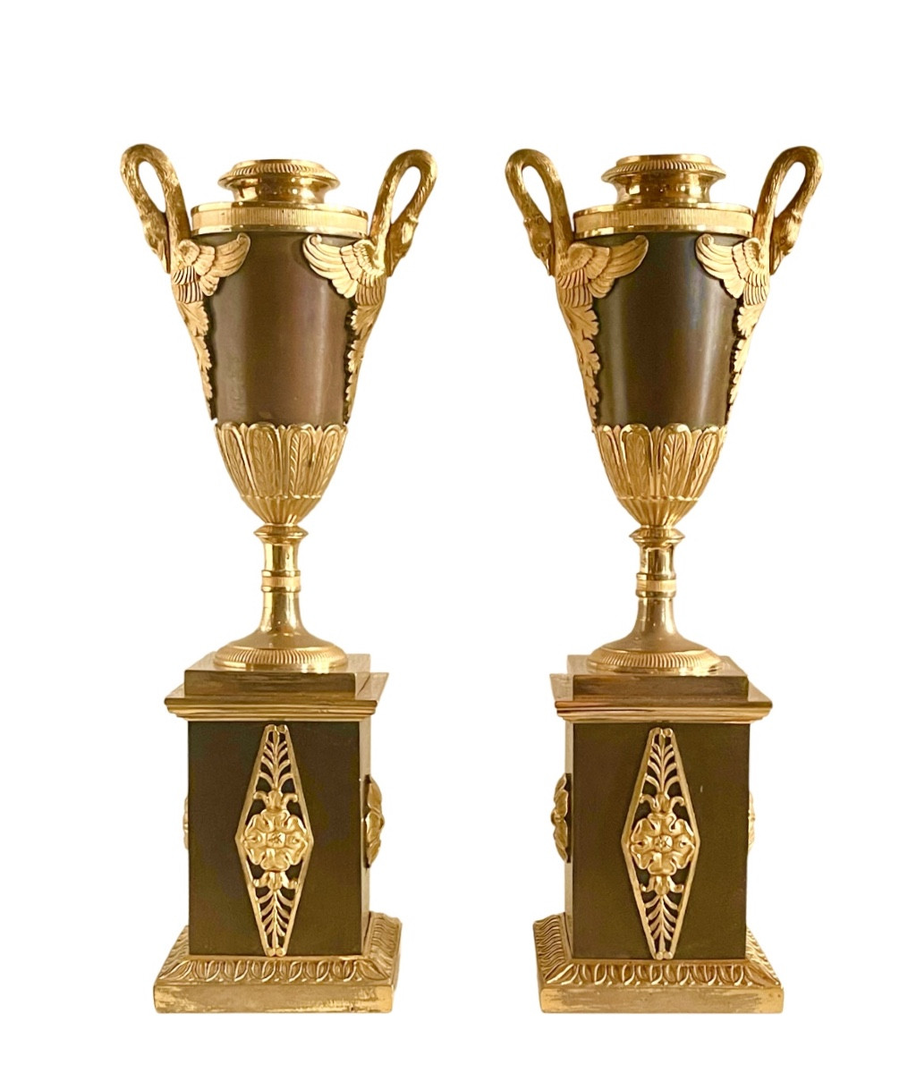 A Pair Of Empire Gilt-bronze And  Patinated-bronze Candlesticks. Early 19th Century. 