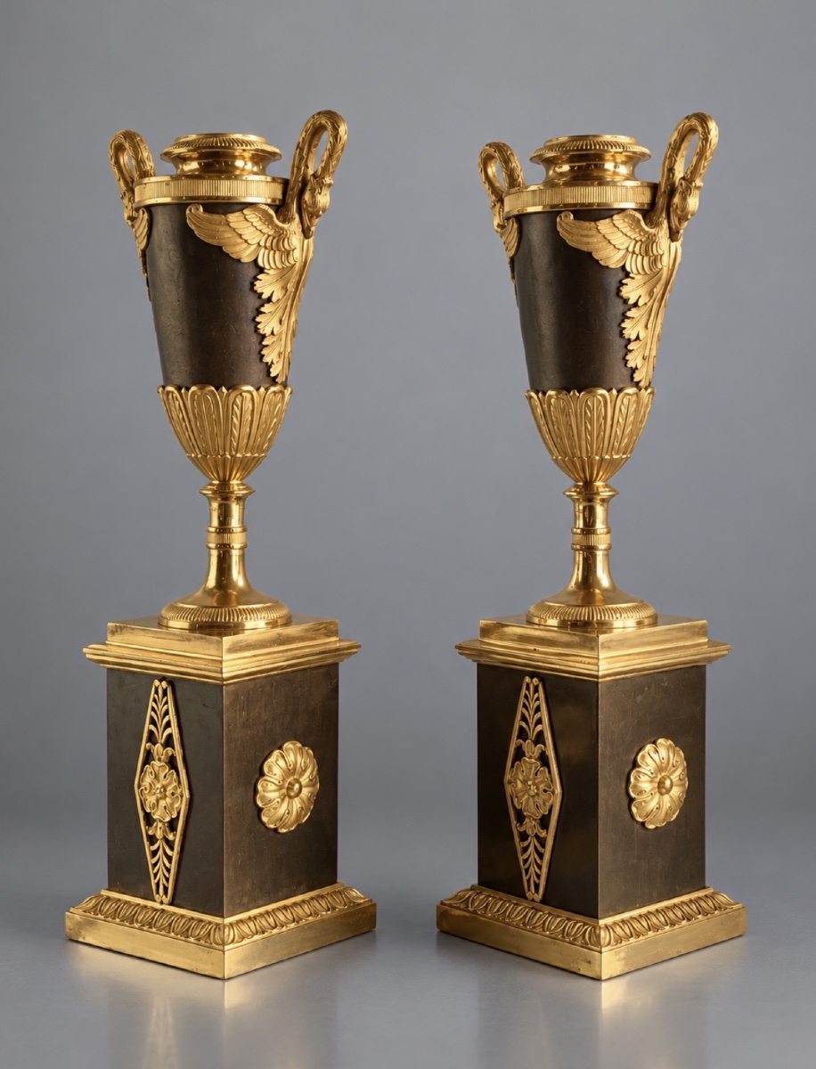 A Pair Of Empire Gilt-bronze And  Patinated-bronze Candlesticks. Early 19th Century. 