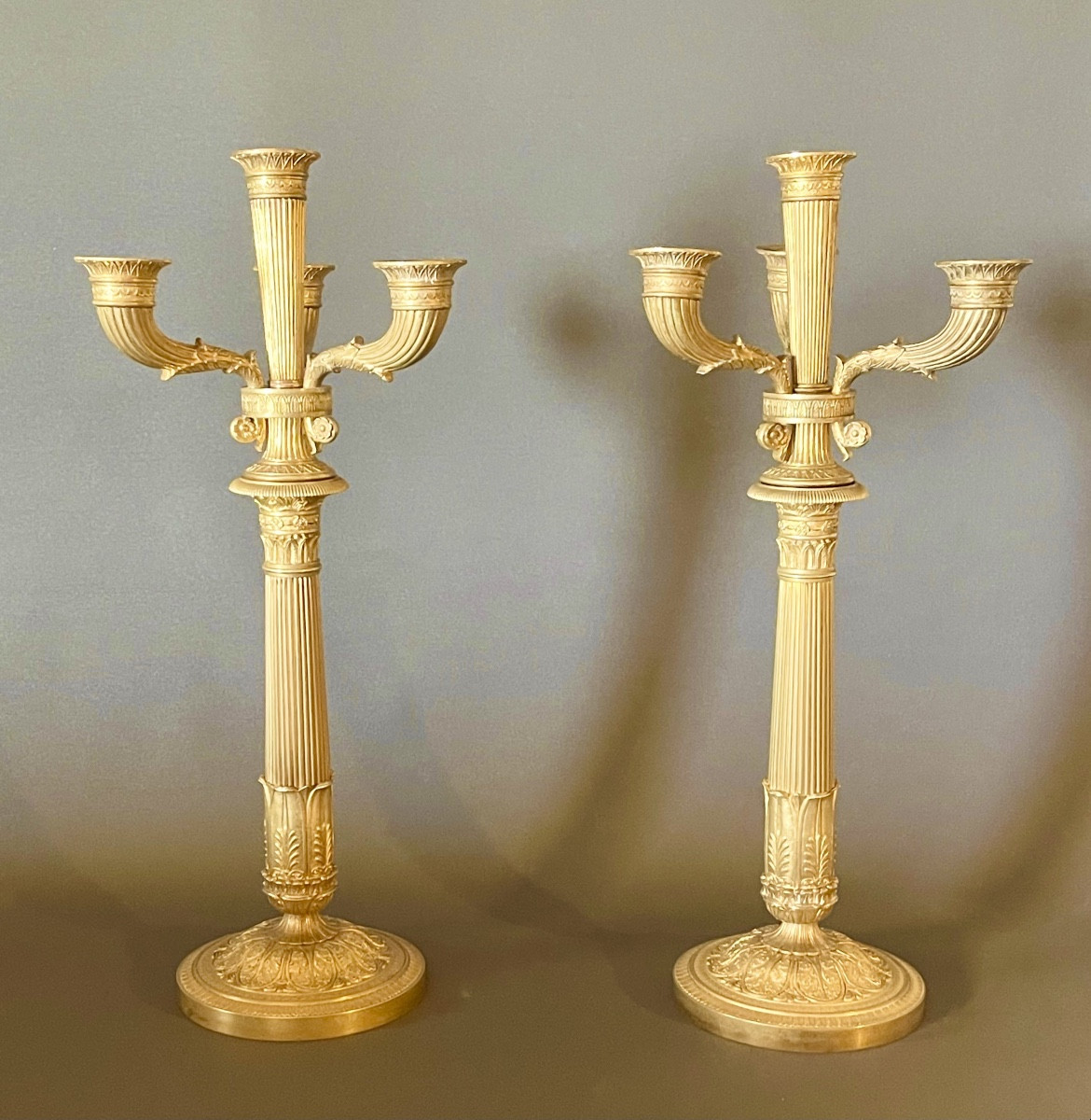 A  Pair Of Empire Gilt-bronze Candelabra With Four Light Arms. -photo-2