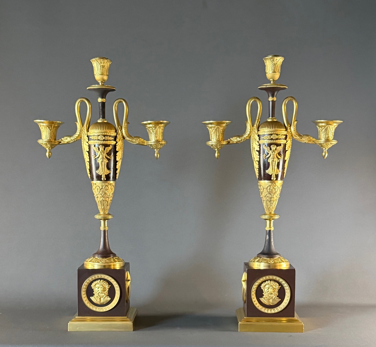 An Important Pair Of Empire Three-light Candelabra Attributed To Claude Galle. 