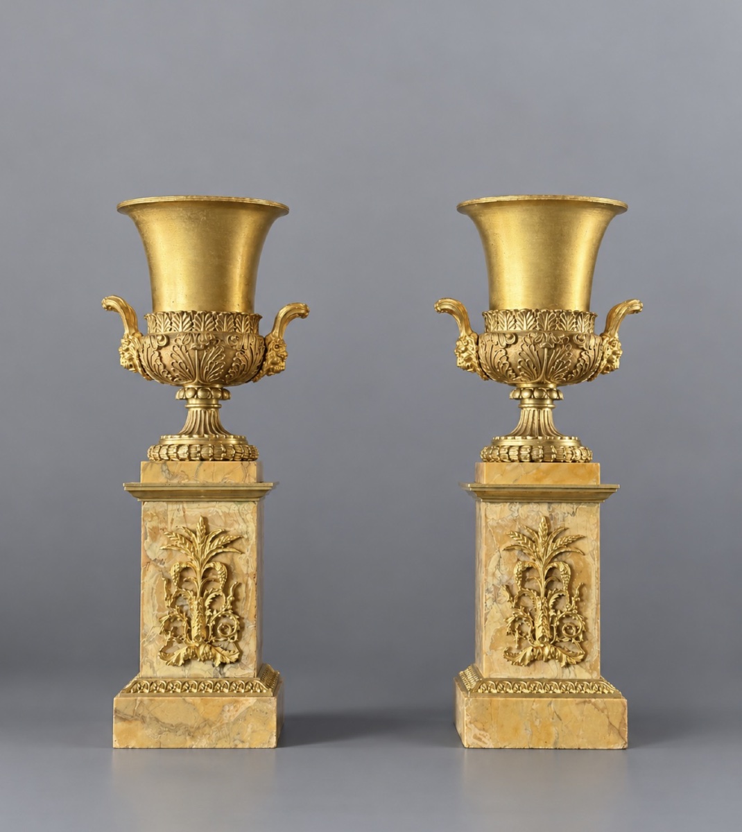 Paire de grands vases Médicis d’époque Charles X en bronze doré. Vers 1820. 