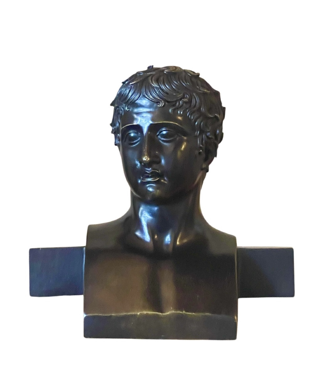 A Patinated Bronze Herm-head Of The Doryphorus. Naples, 19th Century.-photo-2