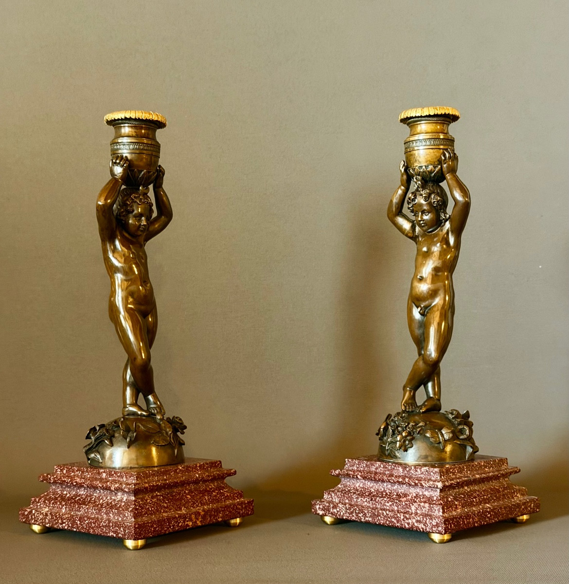 A Pair Of Patinated Bronze Candlesticks With Putti Depicted As Canephores. Circa 1850-photo-2