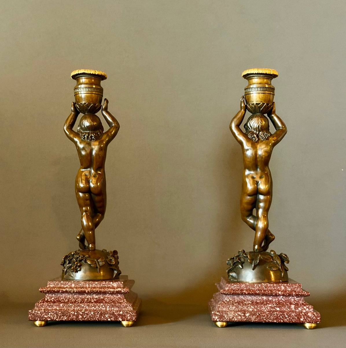 A Pair Of Patinated Bronze Candlesticks With Putti Depicted As Canephores. Circa 1850-photo-4
