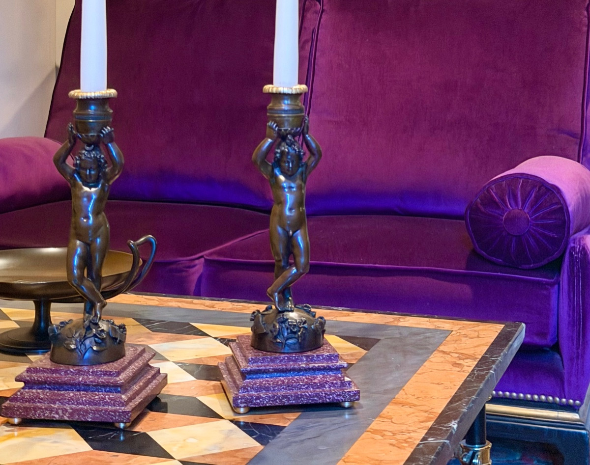 A Pair Of Patinated Bronze Candlesticks With Putti Depicted As Canephores. Circa 1850-photo-5