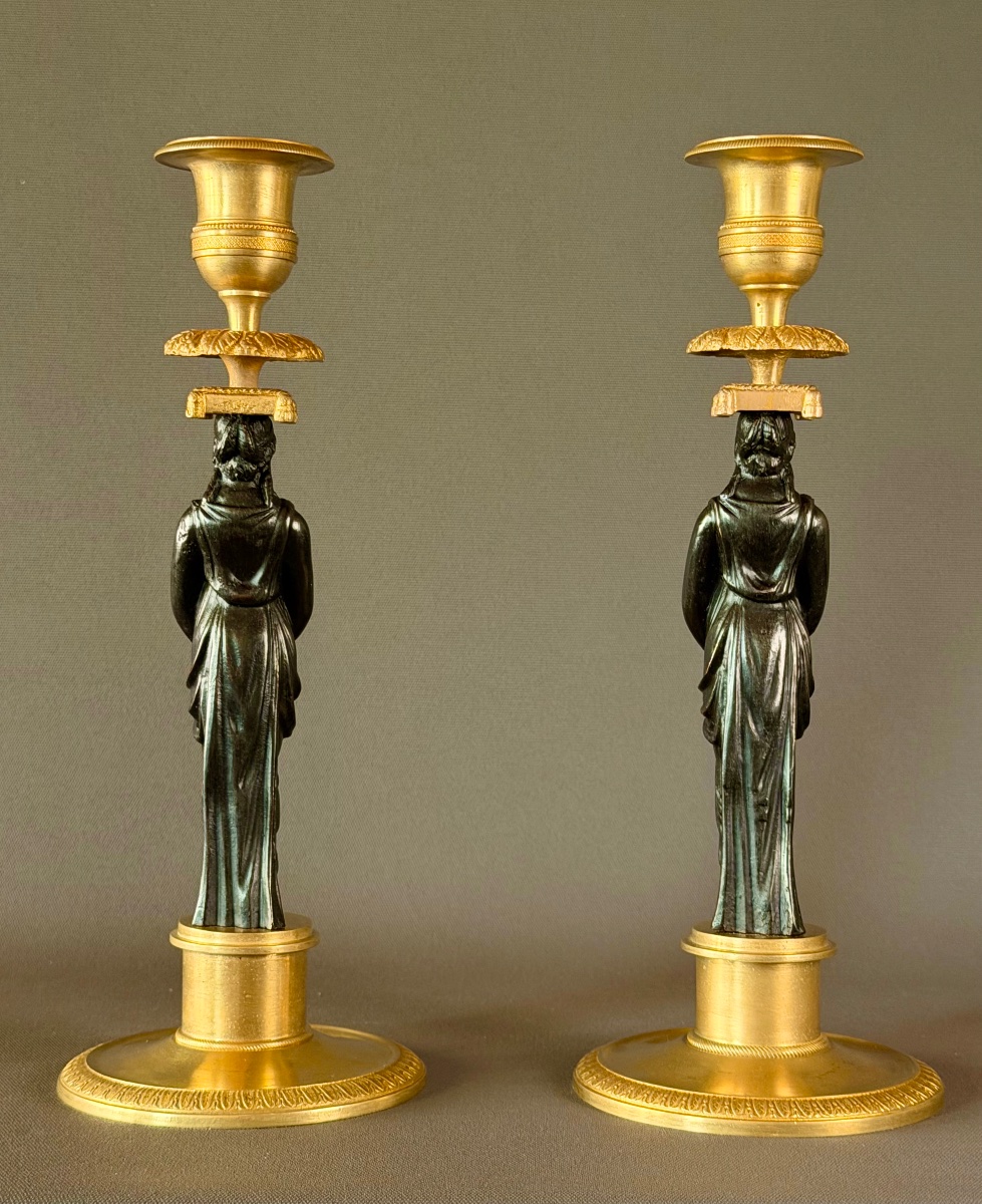 Pair Of Consulat Gilt And Patinated Bronze Candlesticks, Circa 1800-photo-2