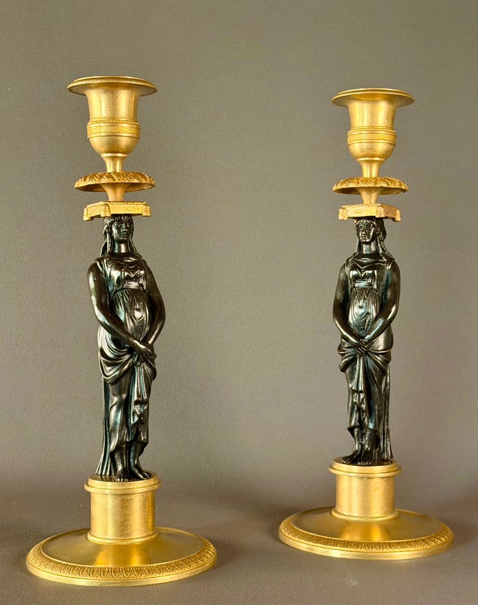 Pair Of Consulat Gilt And Patinated Bronze Candlesticks, Circa 1800-photo-3
