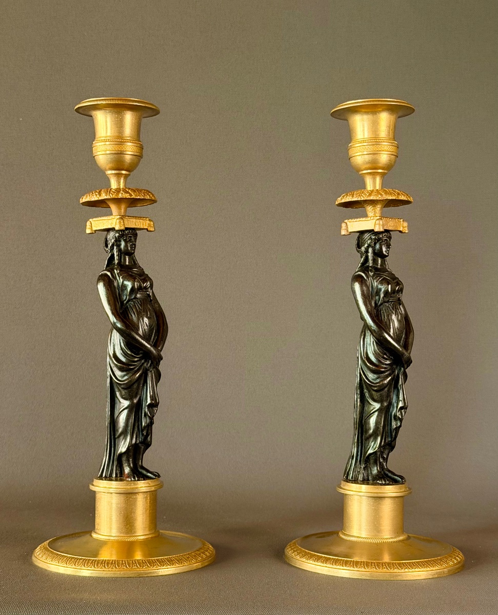 Pair Of Consulat Gilt And Patinated Bronze Candlesticks, Circa 1800-photo-4