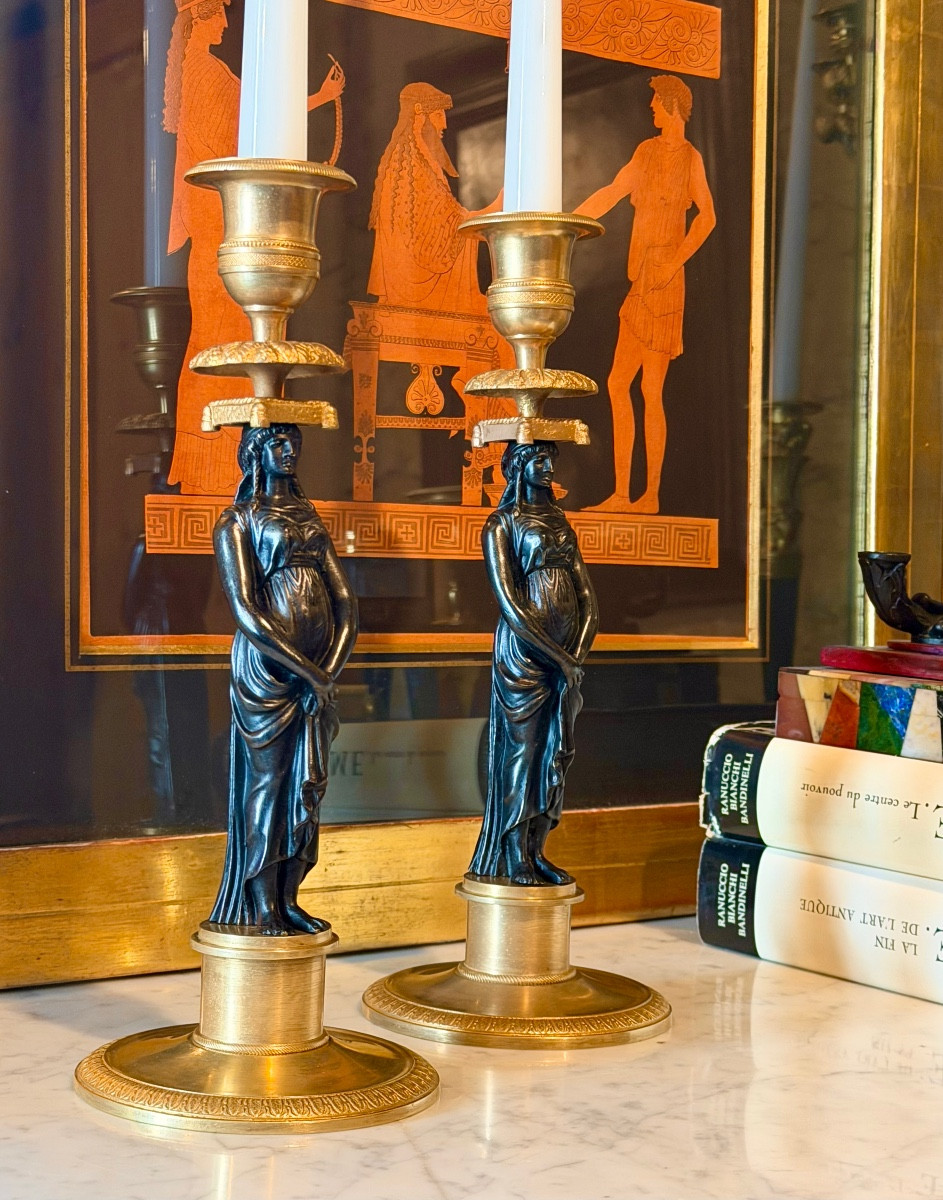 Paire de flambeaux en bronze doré et bronze patiné d'époque Consulat, vers 1800-photo-3